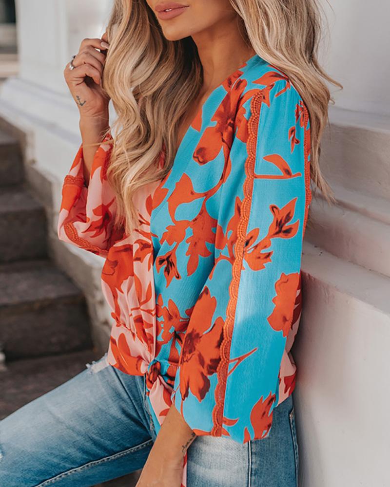 

V Neck Wrap Knotted Floral Print Blouse