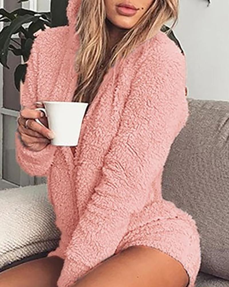 

Solid Long Sleeve Hooded Casual Romper, Pink