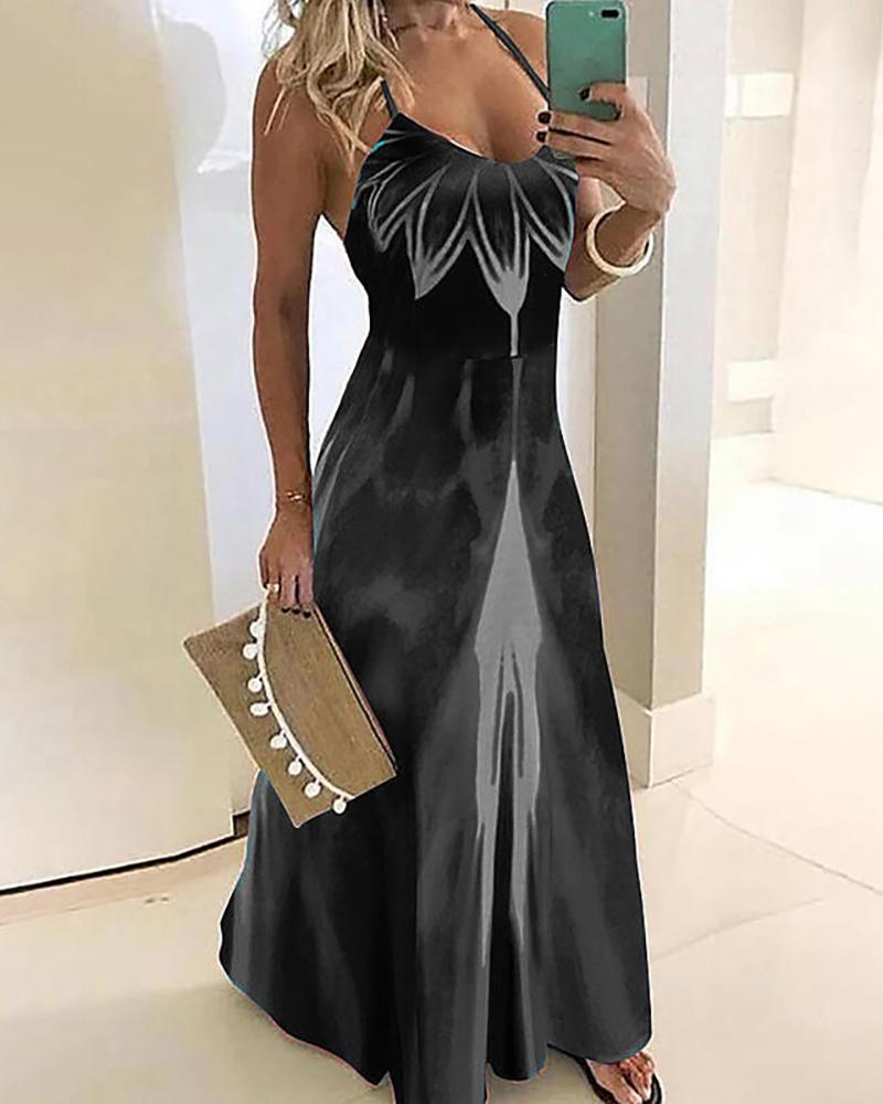 

Spaghetti Strap Floral Tie Dye Print Satin Maxi Dress, Black