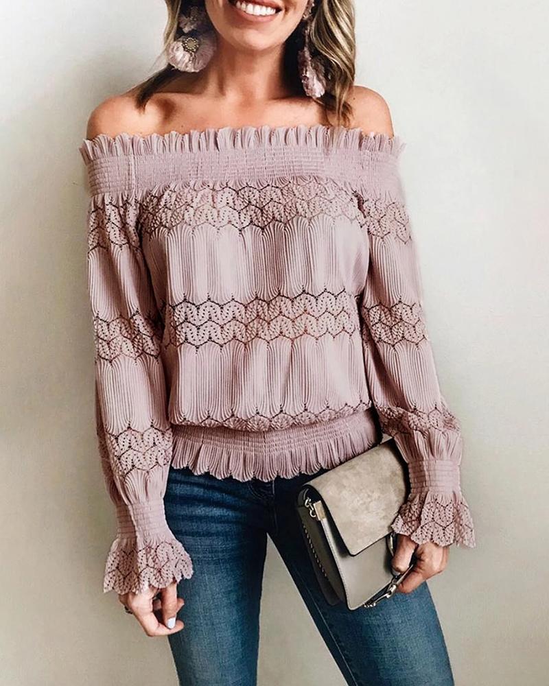 

Solid Eyelet Hollow Out Lace Detail Blouse, Pink