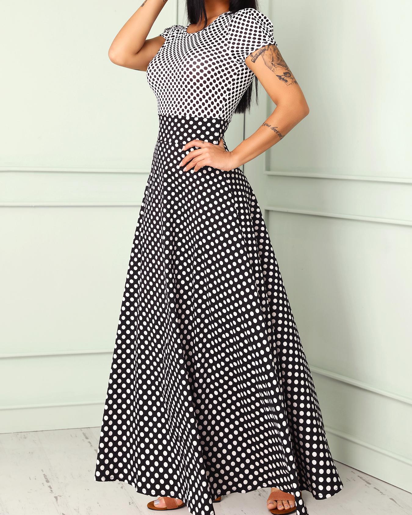 

Short Sleeve Polka Dots Print Patchwork Maxi Dress, White