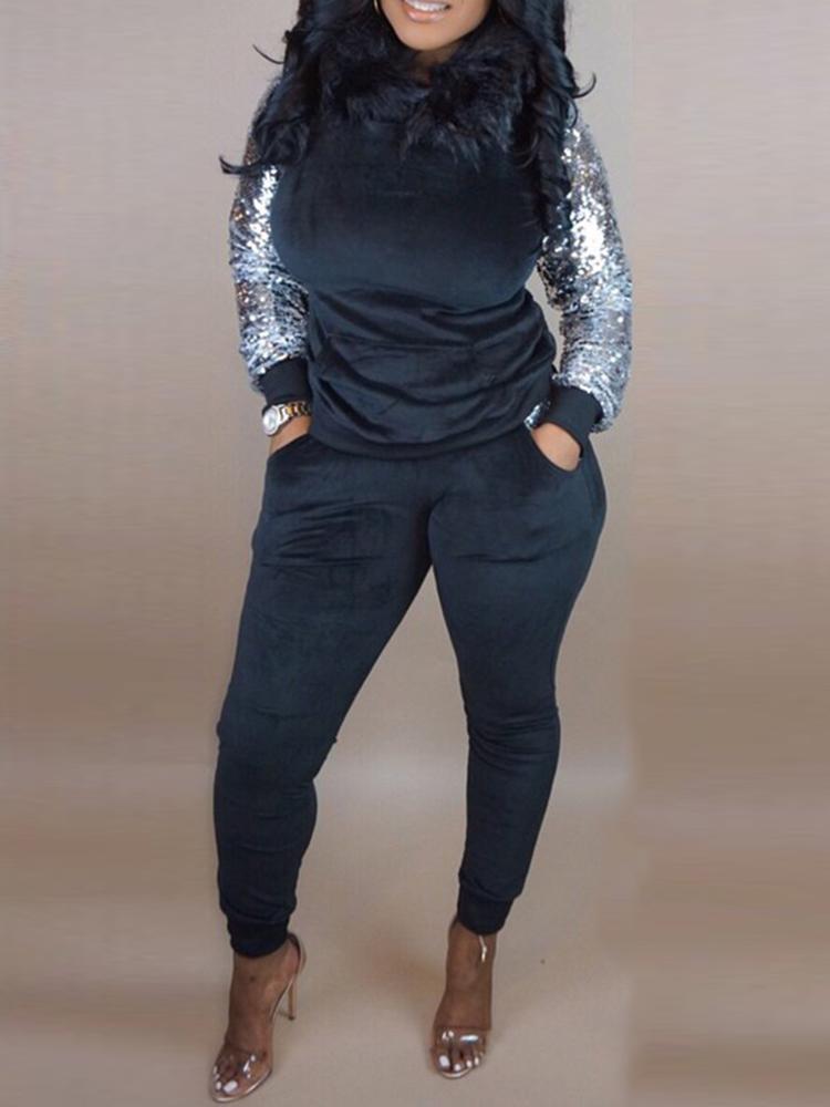 

Fluffy Hooded Sequin Insert Sweatshirt & Pant Sets