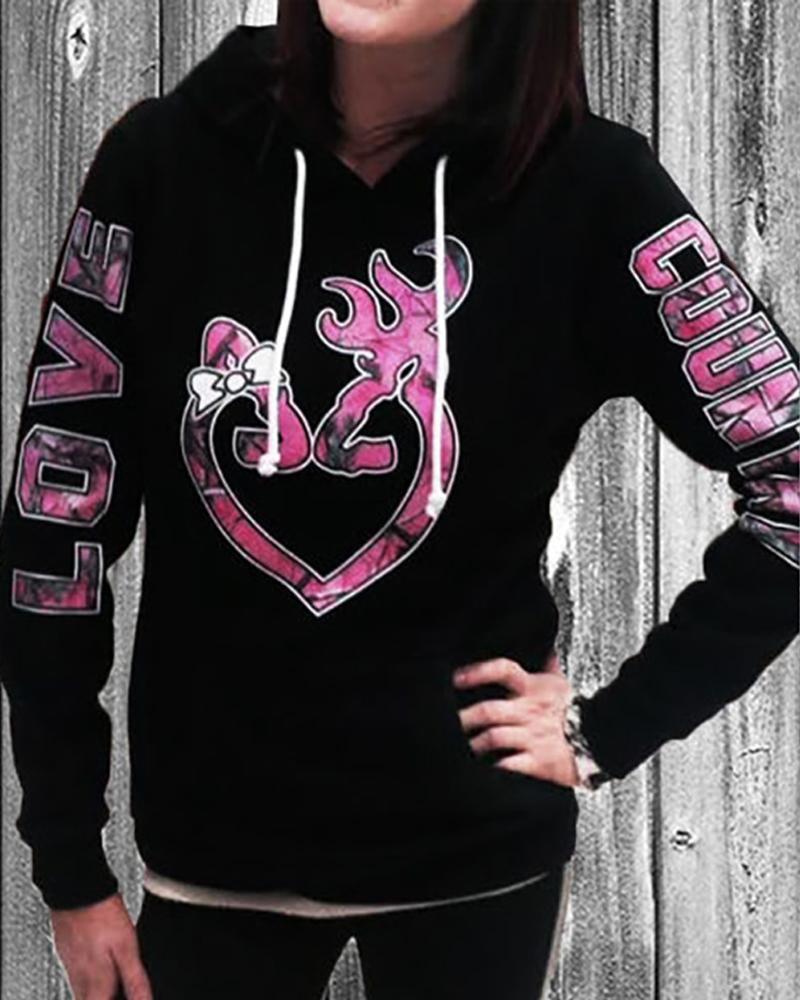 

Heart Pattern Letter Tie Dye Print Hooded Top, Black