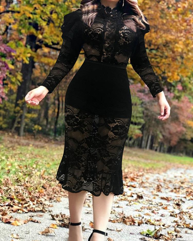 

See Through Ruffles Hem Lace Dress, Black