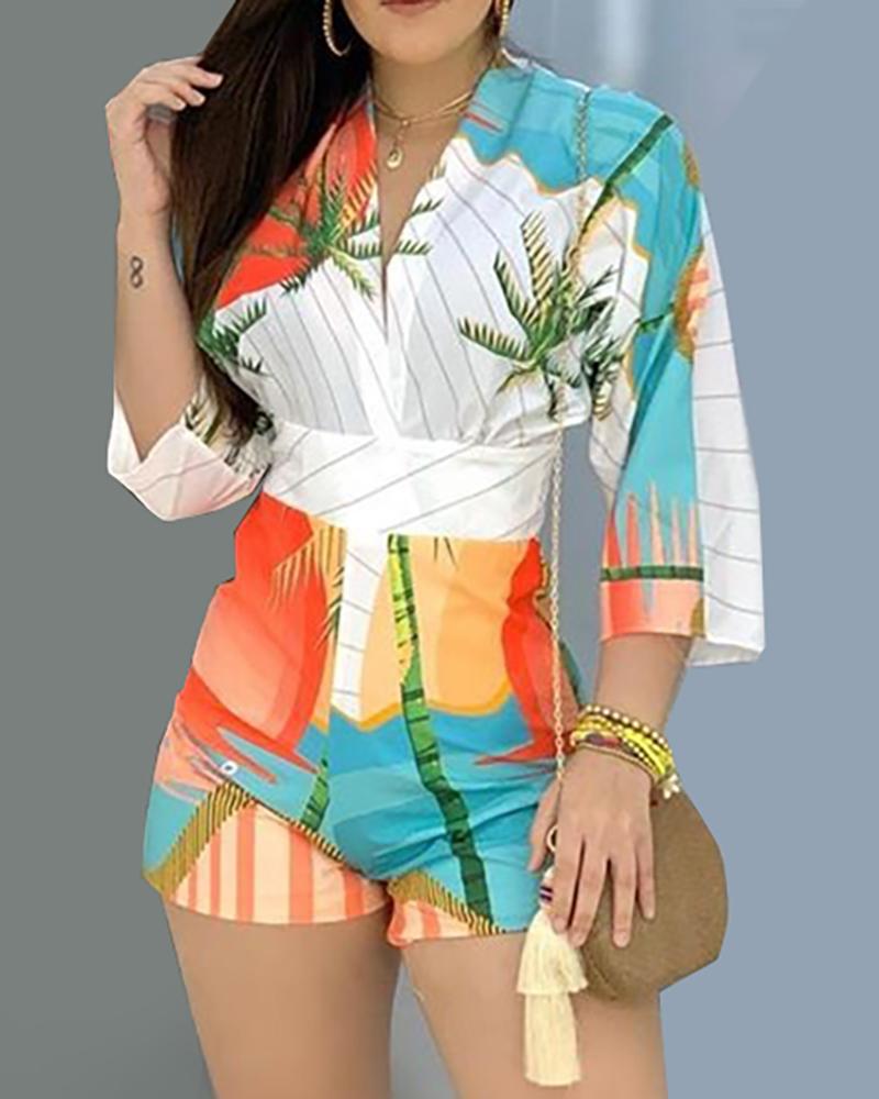

Long Sleeve Palm Print Romper, Multicolor