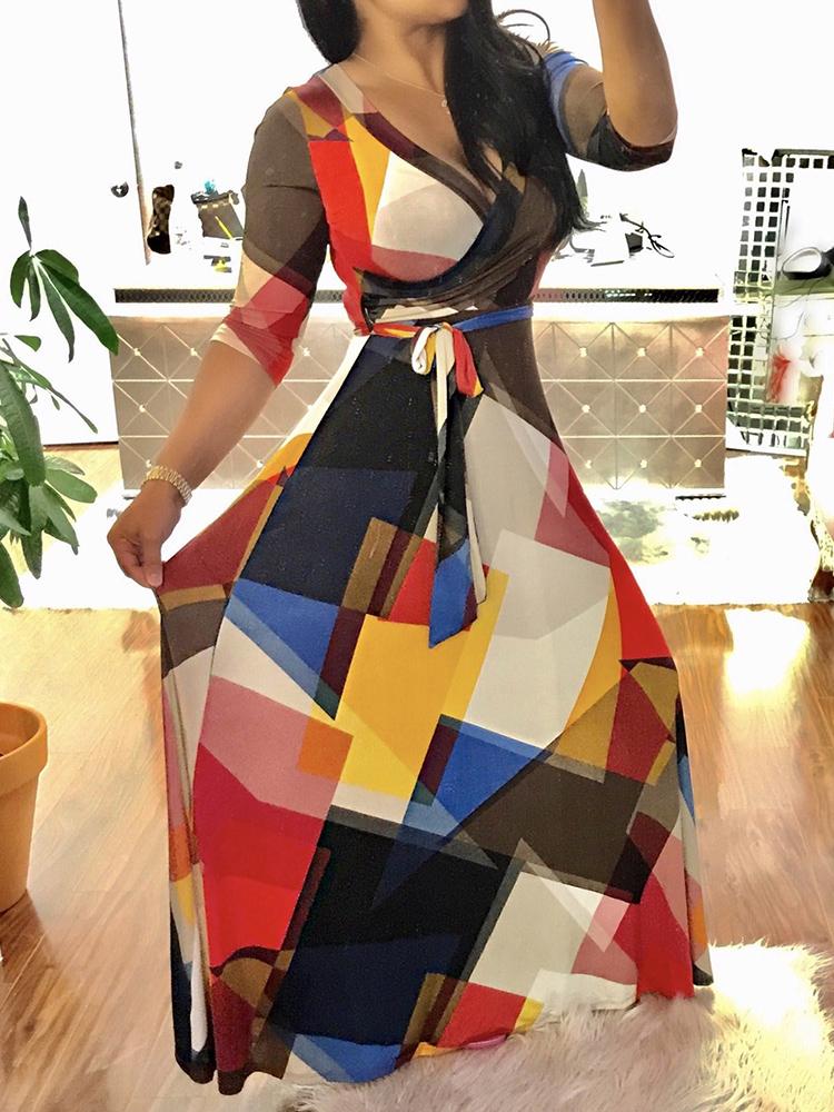 

Color Block Geo Print Tied Waist Maxi Wrap Dress