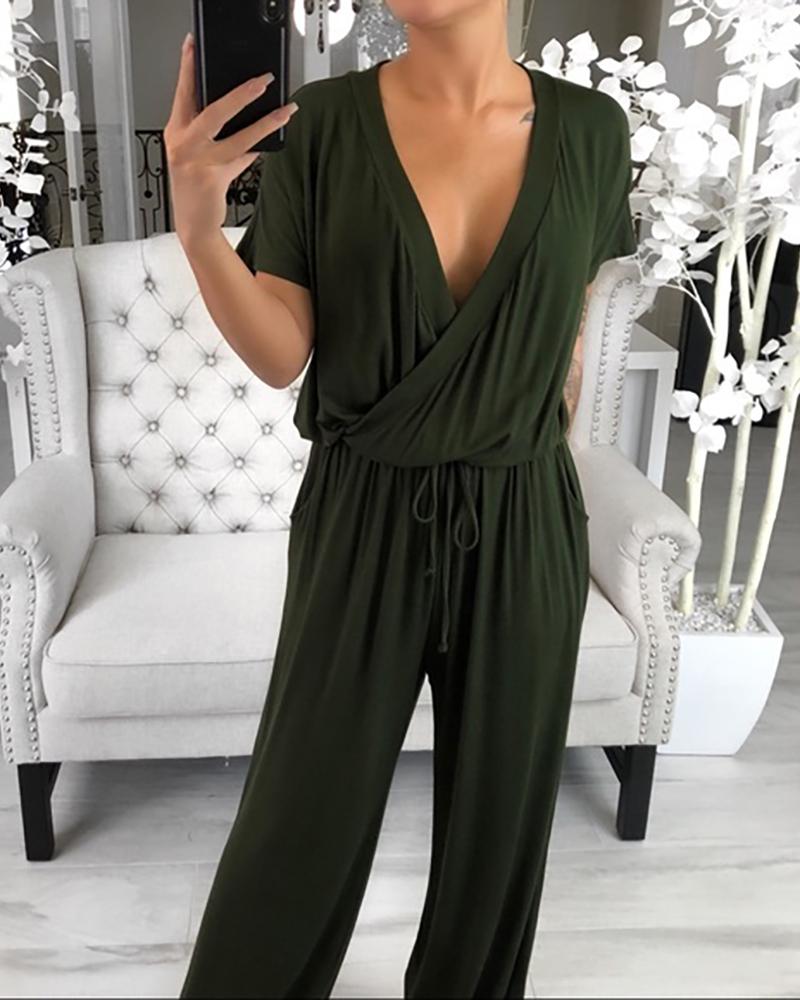 

Solid V-neck Short Sleeve Drawstring Jumpsuit, Army green