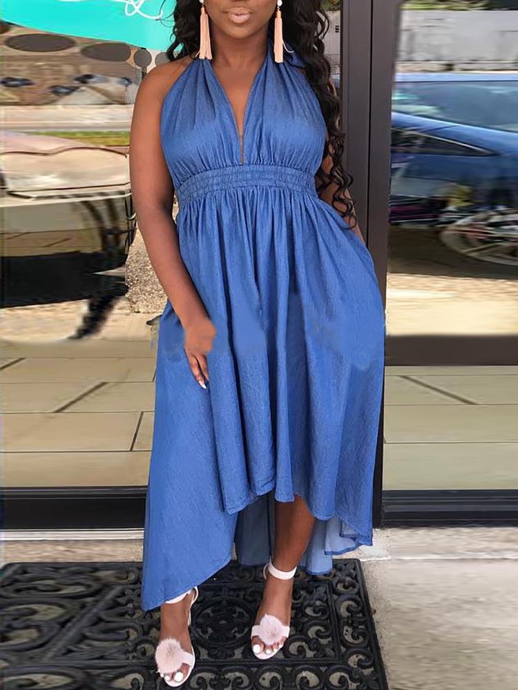 

Denim Halter Backless Irregular Hem Dress