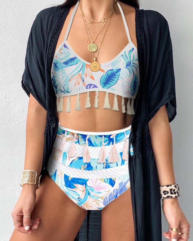 

Striped / Flag / Palm Leaf / Star Print Tassel Pom Pom Padded Bikini Set, Light blue