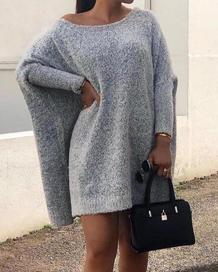 

Round Neck Long Sleeve Casual Dress, Gray
