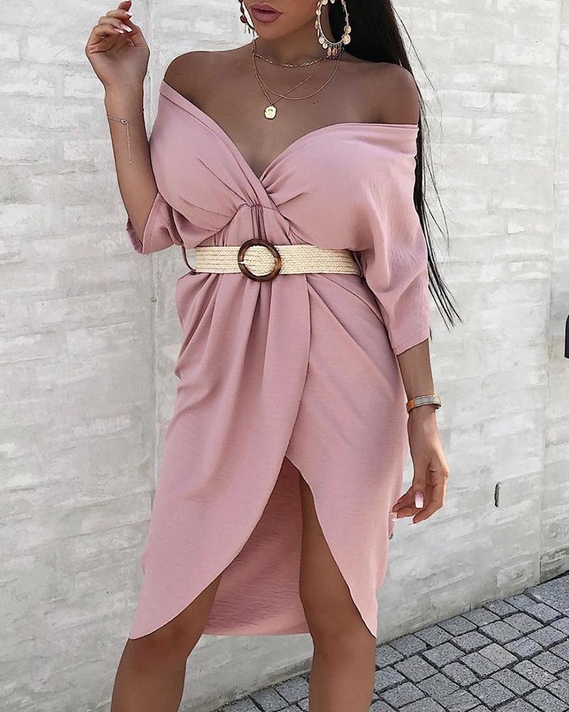 

V Neck Half Sleeve Twisted Irregular Dress, Pink