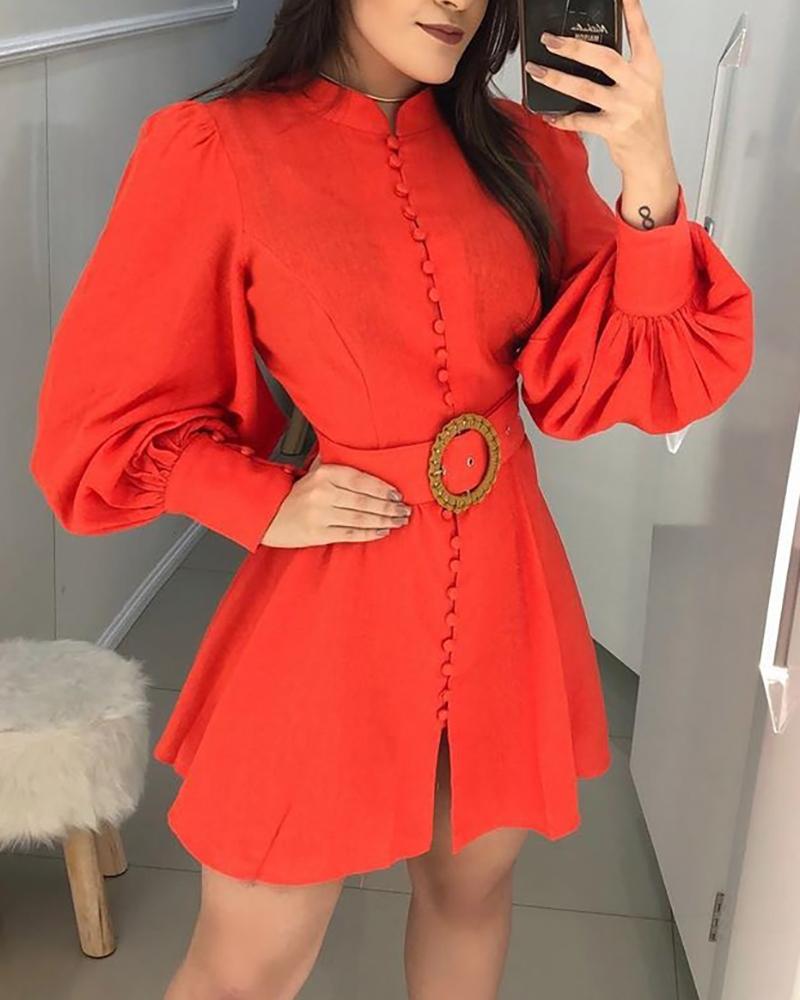 

Lantern Sleeve Buttoned Design Dress, Red