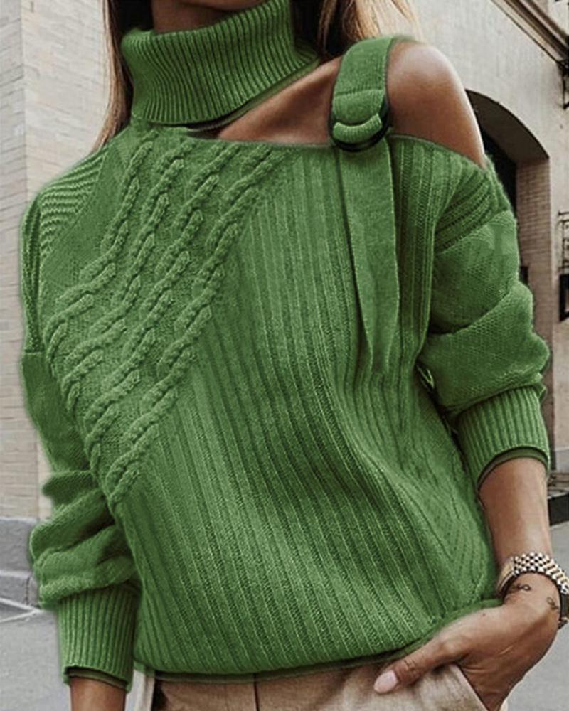 

Solid High Neck Cut Out Knitting Sweater, Green