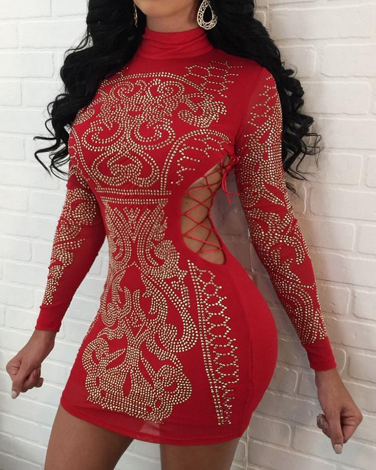 

Hot Stamping Lace-Up Cut Out Bodycon Party Dress, Red