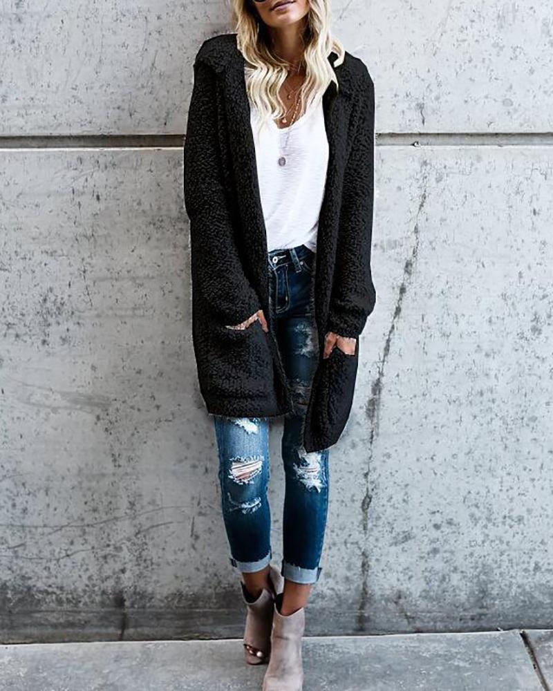 

Hooded Solid Fluffy Open Front Cardigan, Black