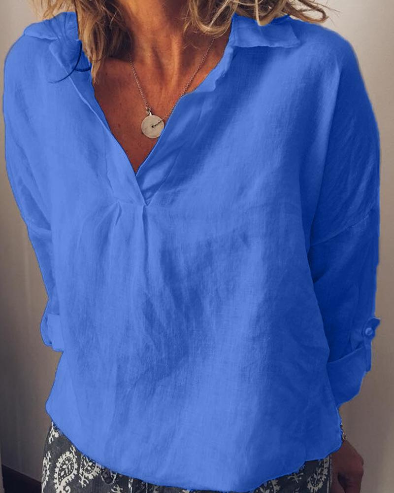 

Solid color V-neck large size cotton and linen women, Blue