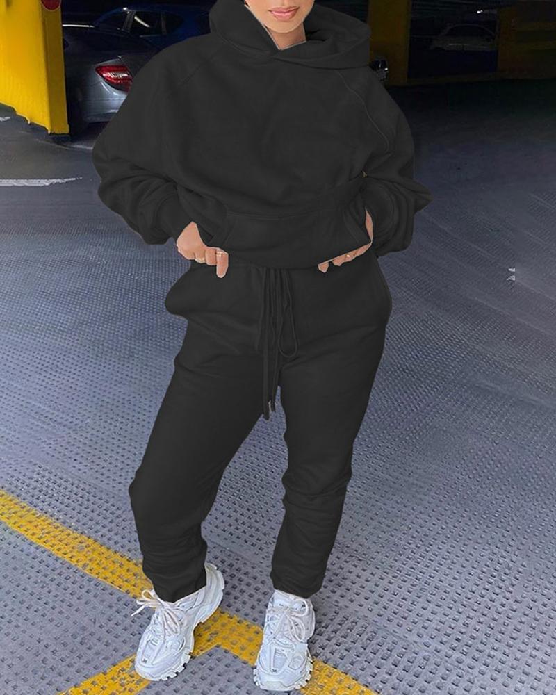 

Solid Pocket Design Hooded Top & Drawstring Pants Set, Black