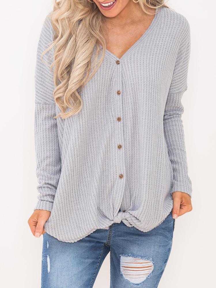 

Solid Long Sleeve Button Through Blouse, Gray