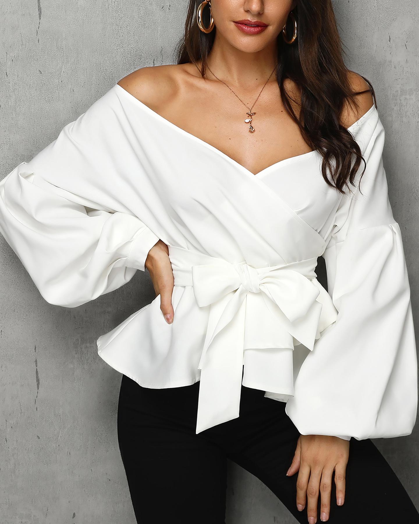 

Solid Off Shoulder Knotted Ruffles Blouse