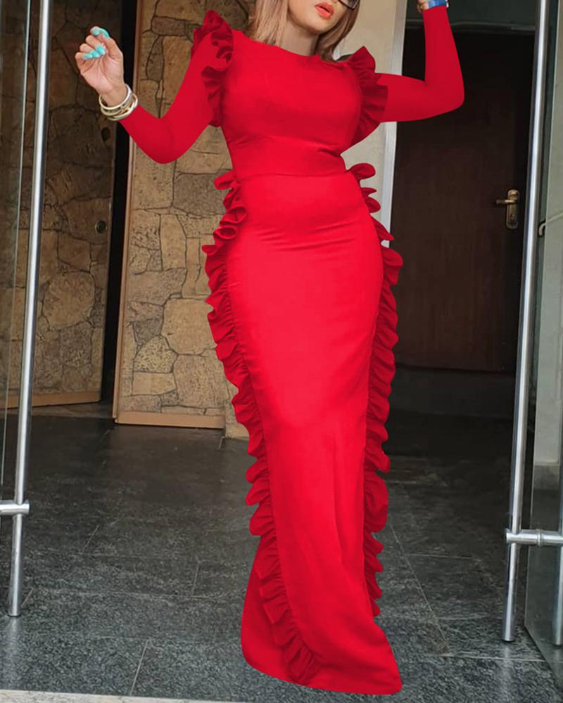 

Solid Long Sleeve Ruffles Design Slit Dress, Red