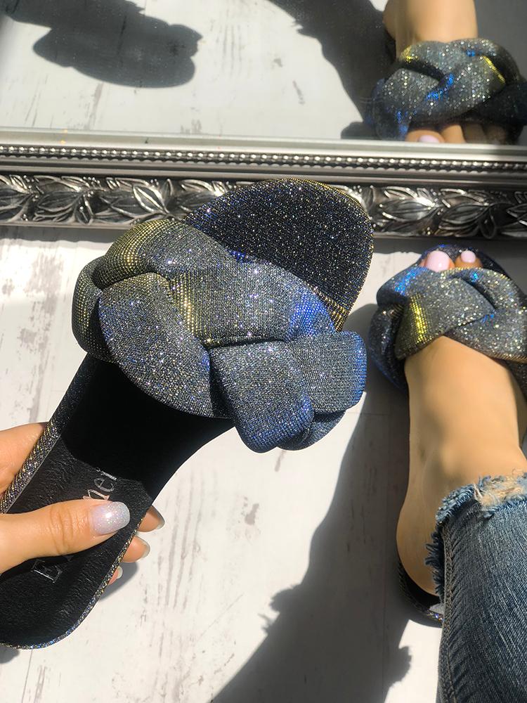 

Glitter Braided Design Flat Sandals, Blue