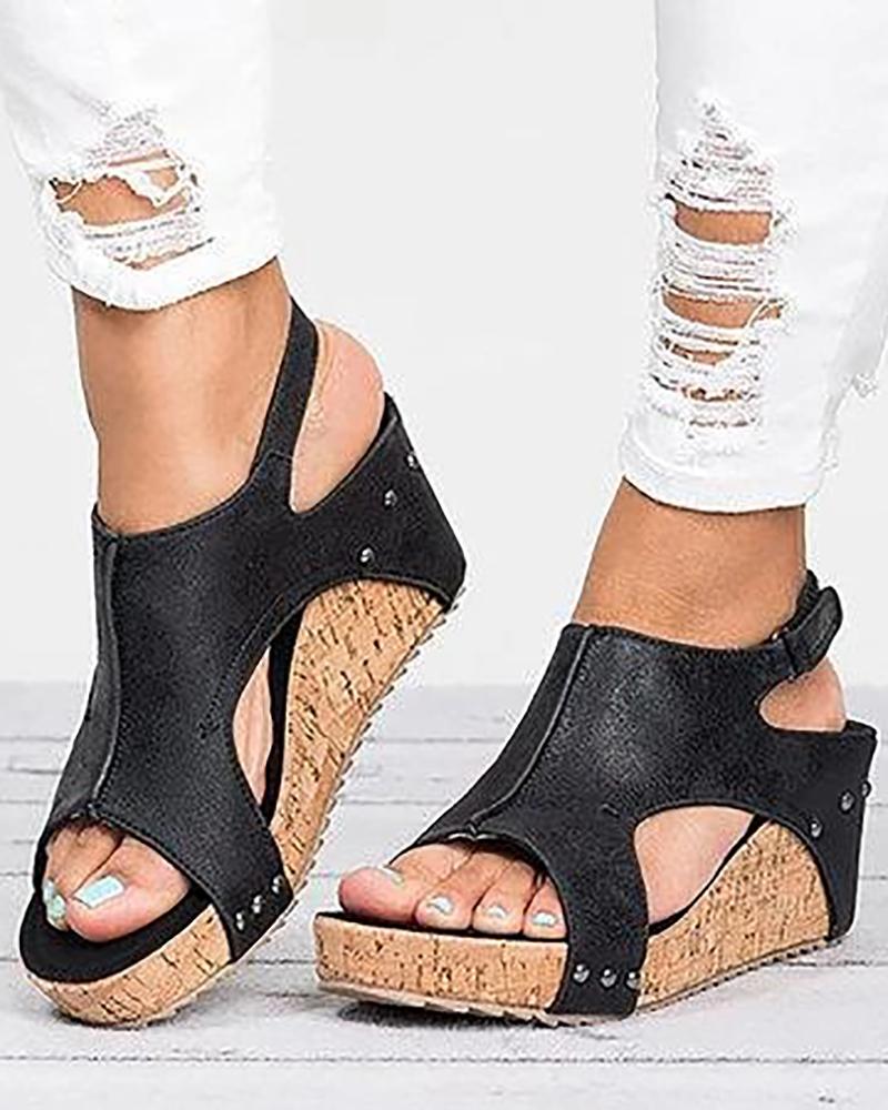 

Peep-toe Slingback Platform Wedge Sandals, Black