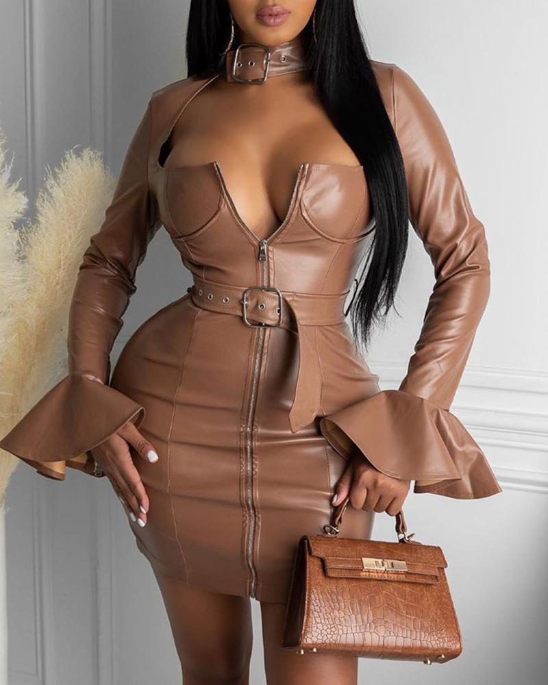 

PU Leather Bell Sleeve Bodycon Dress, Brown