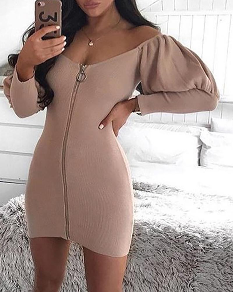 

Solid Puff Sleeve Zipped Dress, Khaki