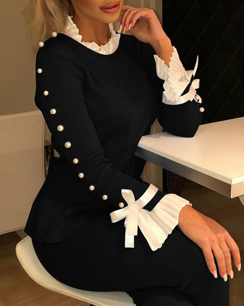 

Bell Cuff Beaded Bowknot Top & Pants Sets, Black