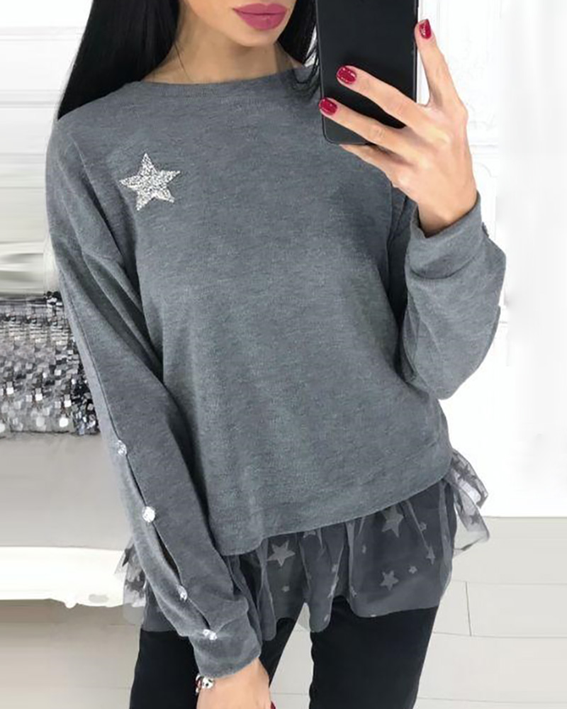 

Star Print Ruffles Mesh Insert Round Neck Casual Sweatshirt