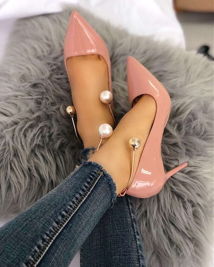 

Stylish Beading Decorated Pointed Toe Thin Pumps, Pink