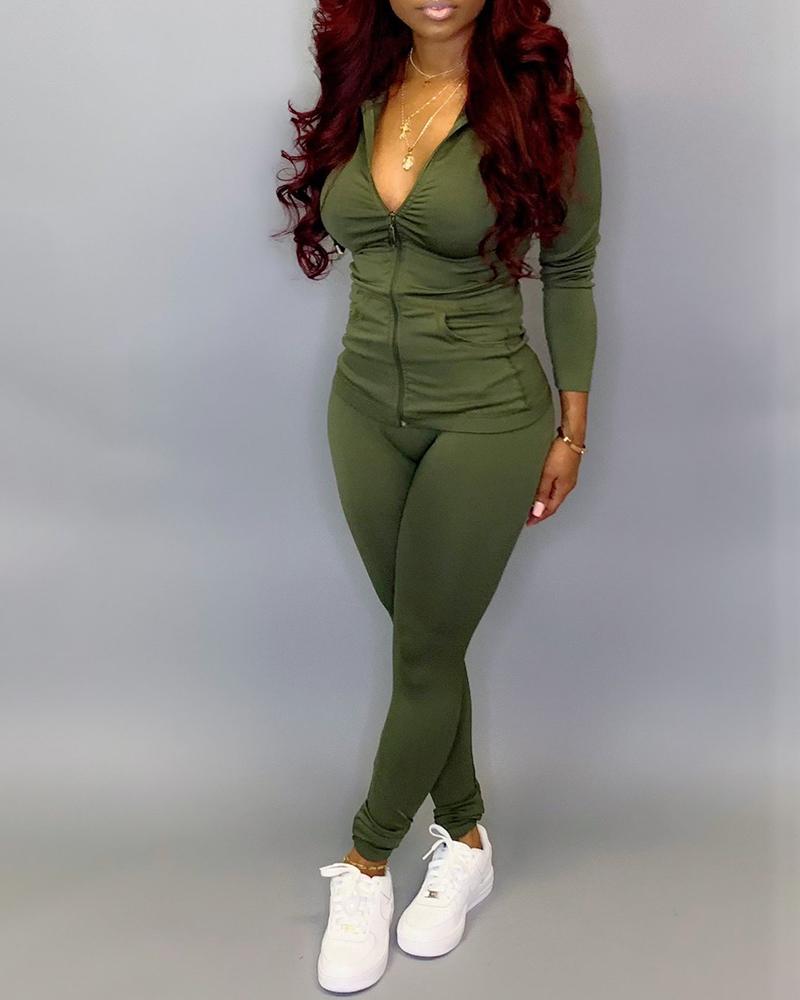 

Solid Hooded Zipper Top & Pants Set, Army green