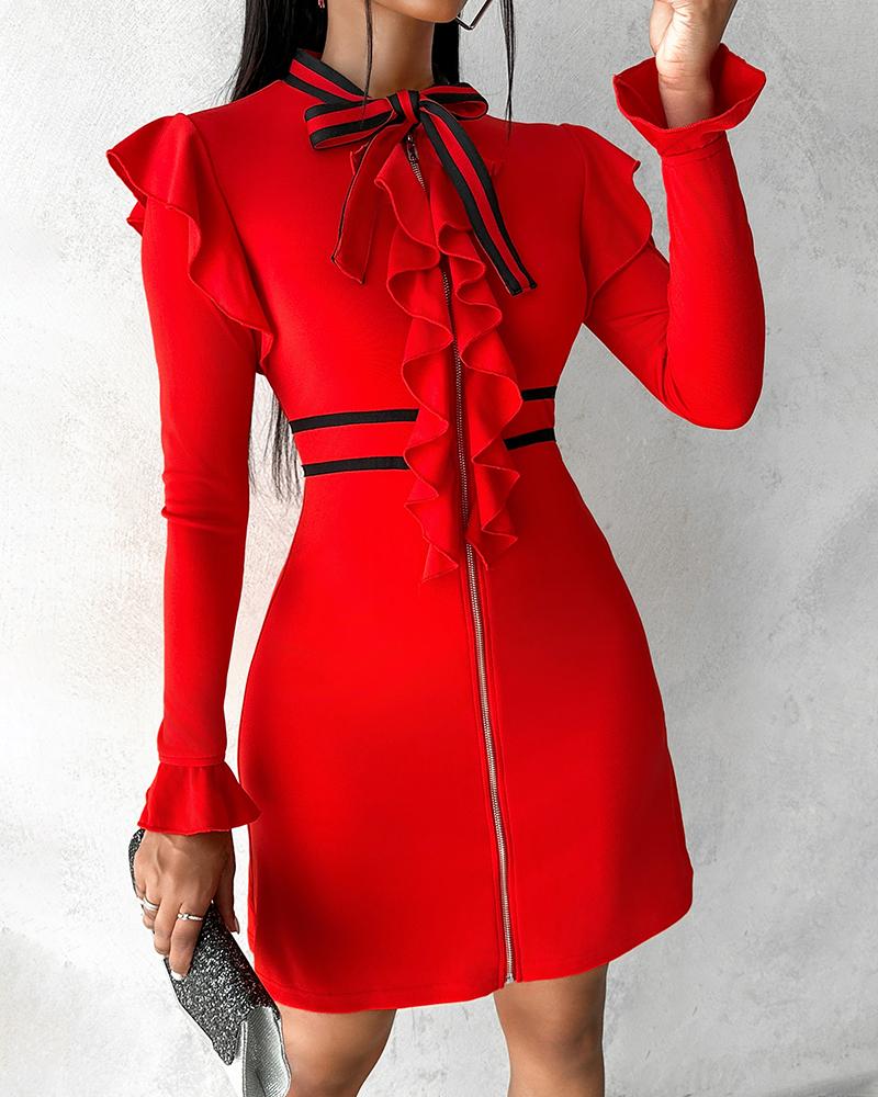 

Ruffles Design Contrast Tied Neck Dress, Red