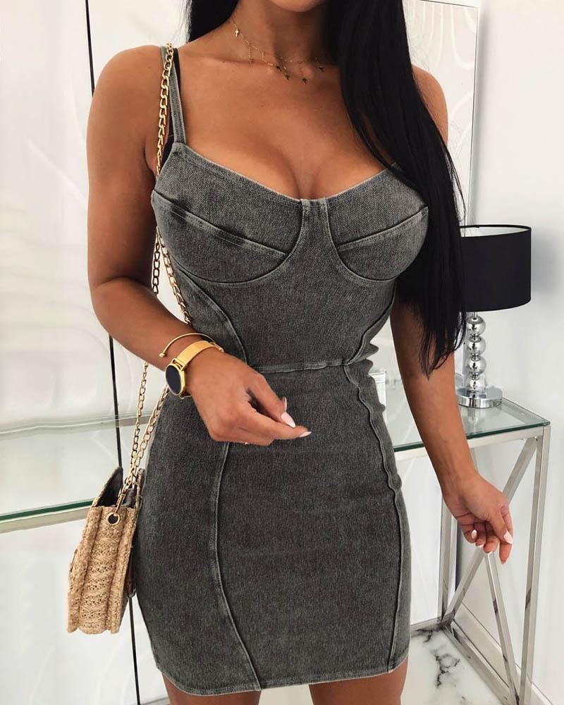 

Spaghetti Strap Denim Bodycon Dress, Dark grey