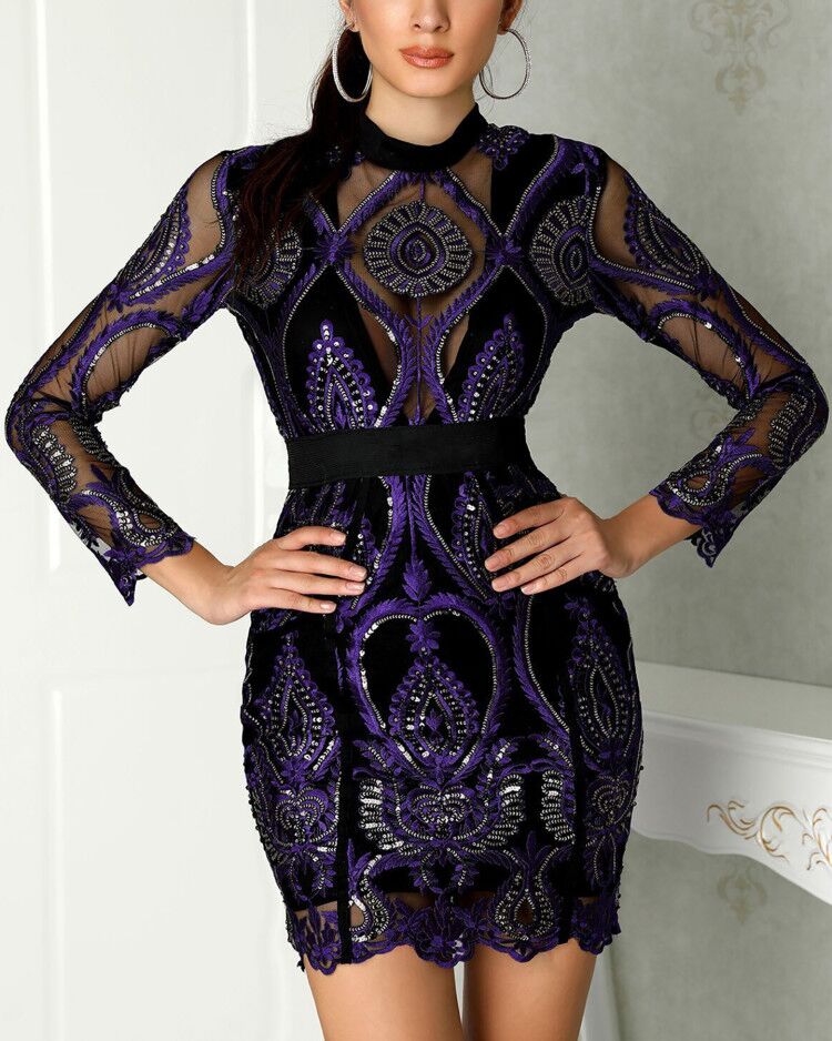 

Sheer Mesh Lace Insert Party Dress, Purple