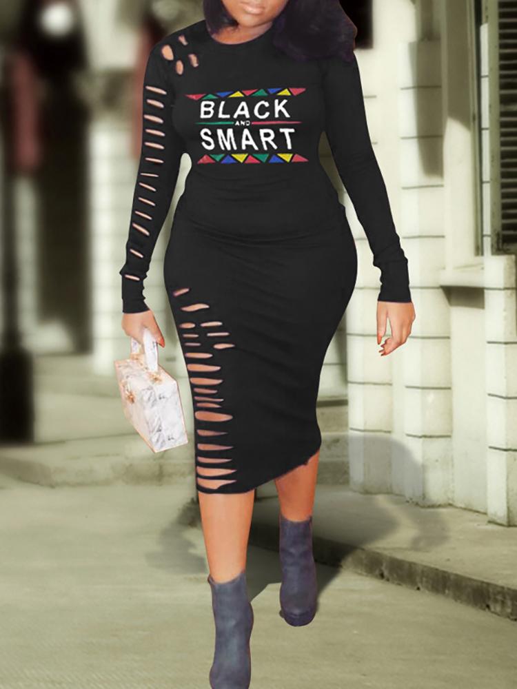 

Letter Print Ladder Cutout Holey Pencil Dress, Black