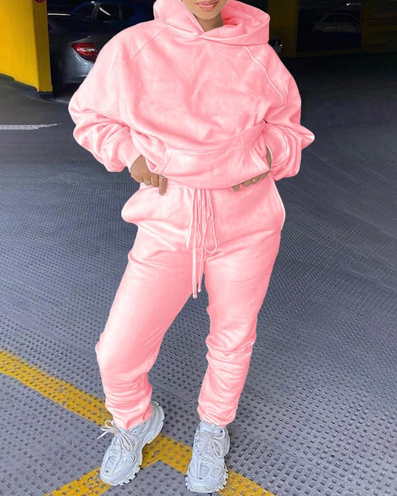

Solid Pocket Design Hooded Top & Drawstring Pants Set, Pink