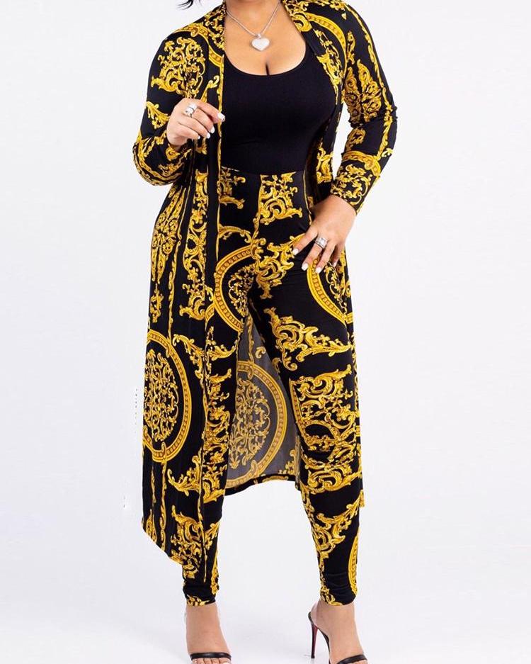 

Open Front Retro Print Cardigan & Pant Sets, Gold