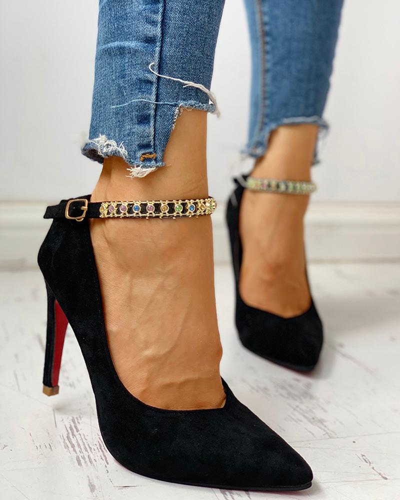 

Pointed Toe Ankle Buckled Studded Thin Heels, Black