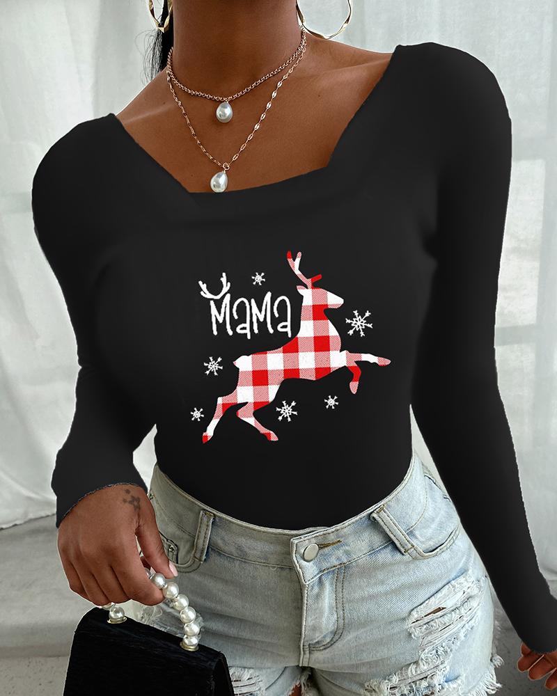 

Christmas Moose Print Long Sleeve Sweater, Black