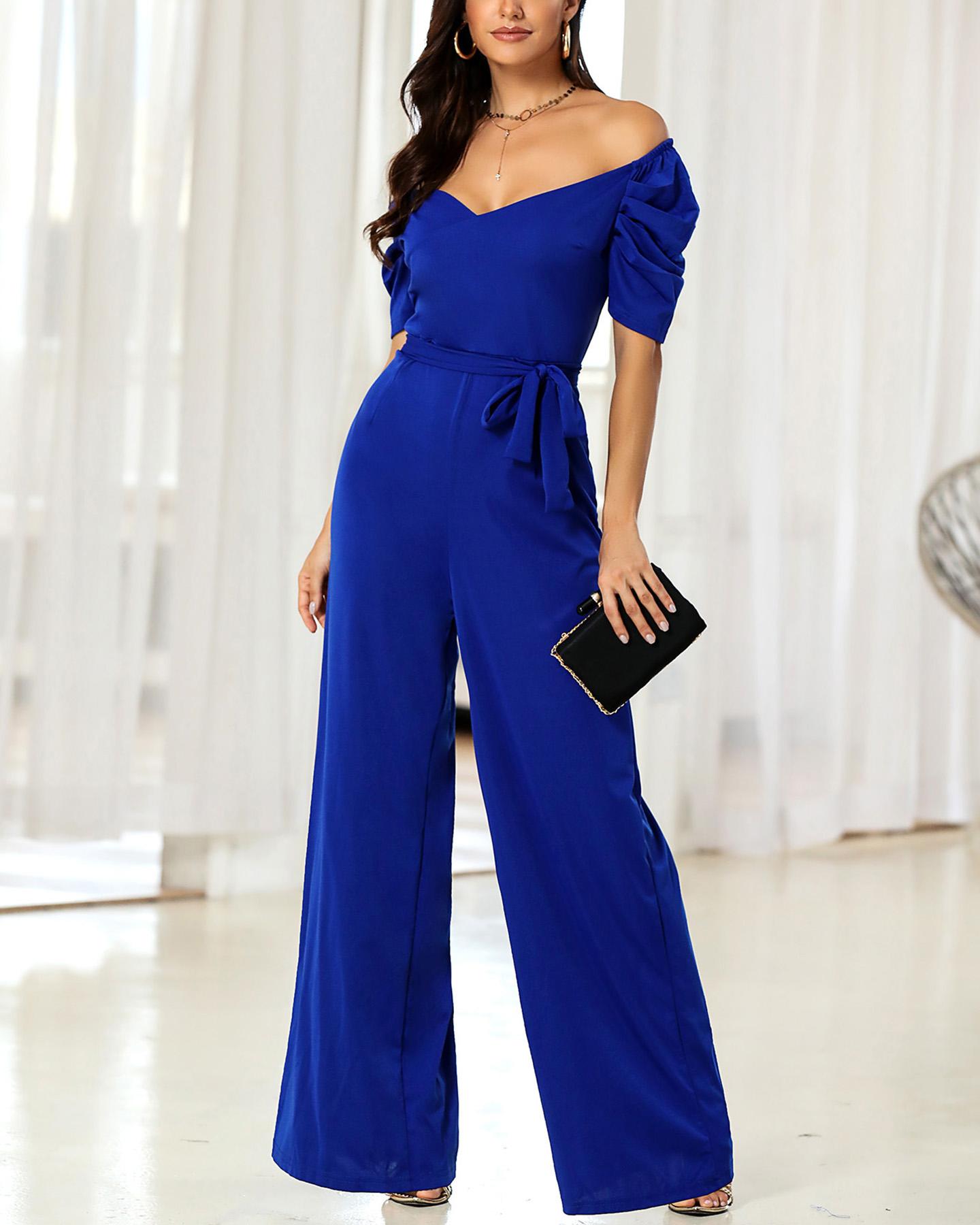 

Puff Sleeve Off Shoulder Belted Wrap Jumpsuit, Blue