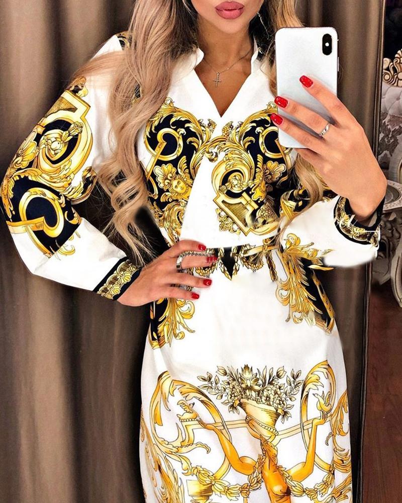 

Baroque Print Long Sleeve Shirt Dress, Yellow