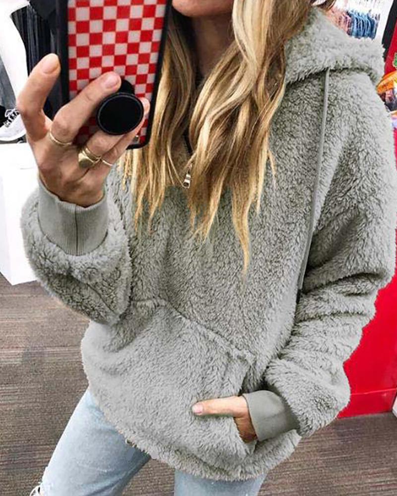 

Hooded Zipper Design Casual Fluffy Sweatshirt, Gray