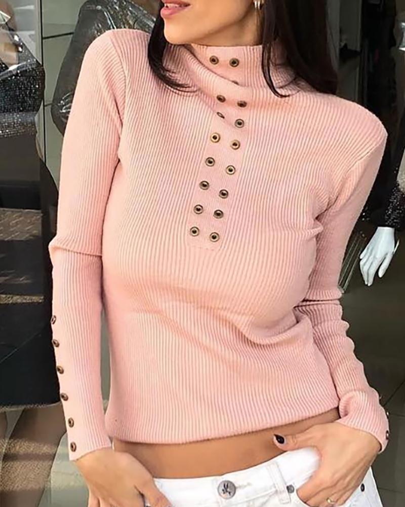 

Solid Eyelet Hollow Out Casual Blouse, Pink