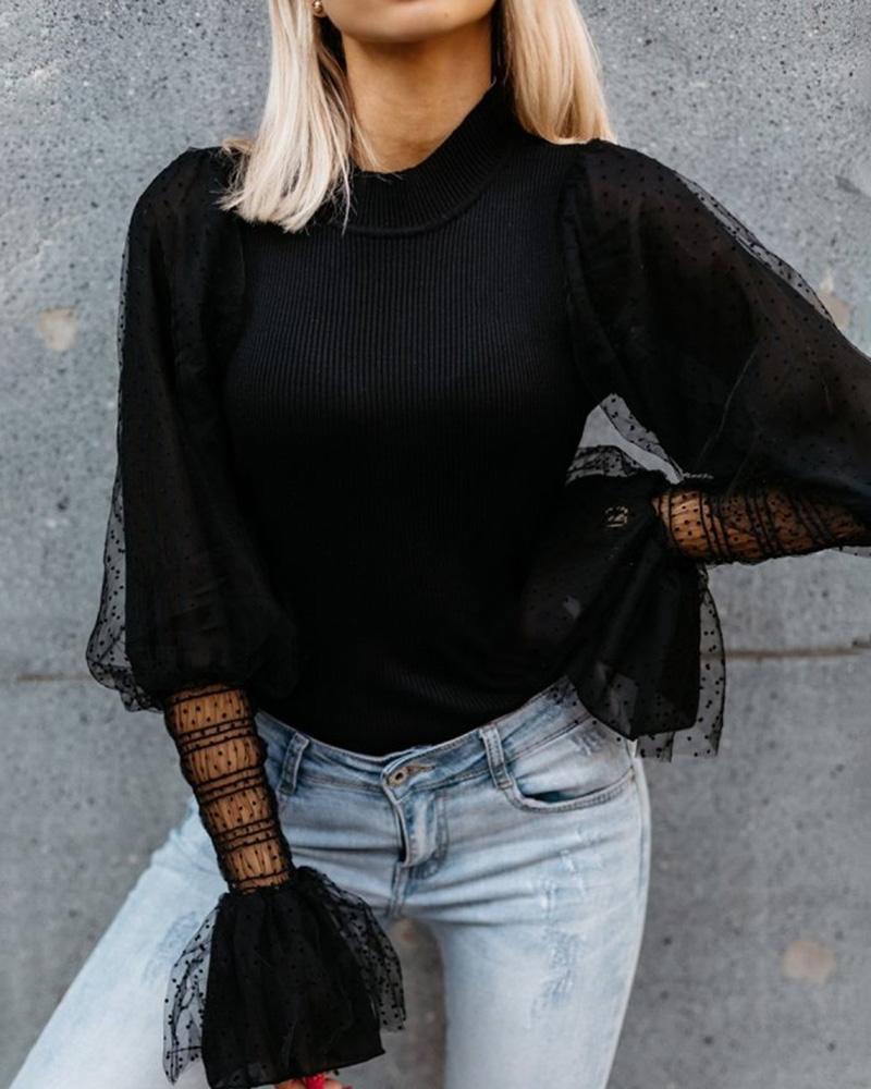 

Ribbed Design Mesh Bell Sleeve Casual Blouse, Black