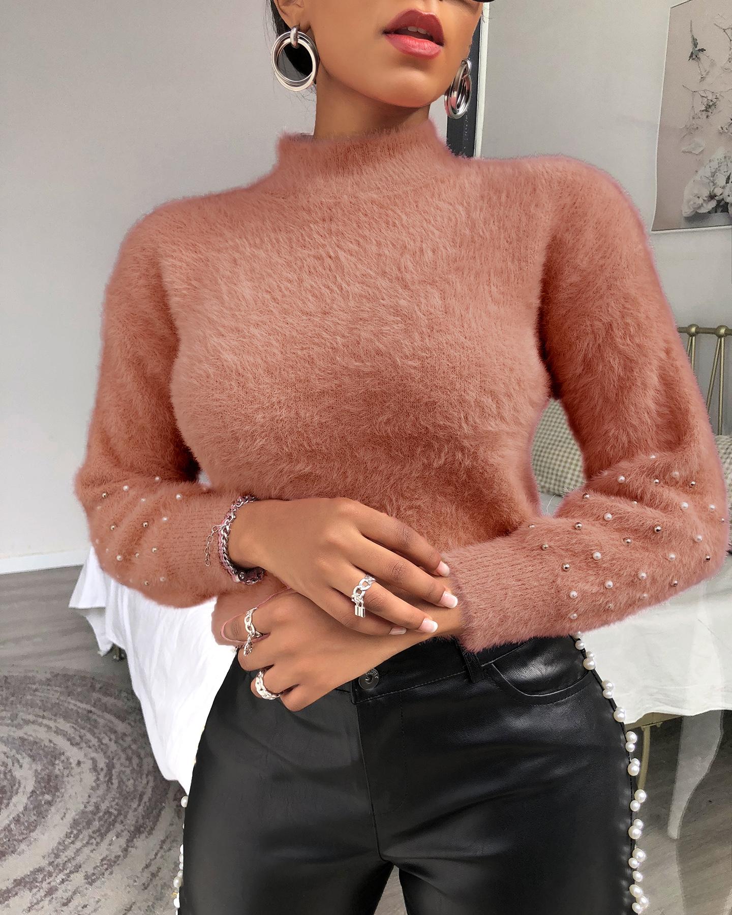 

Beaded Fluffy Lantern Sleeve Top, Brown