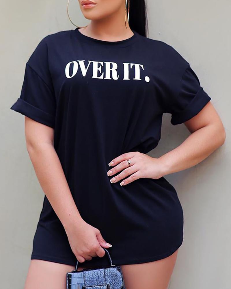 

Round Neck Print Casual T-shirt, Black