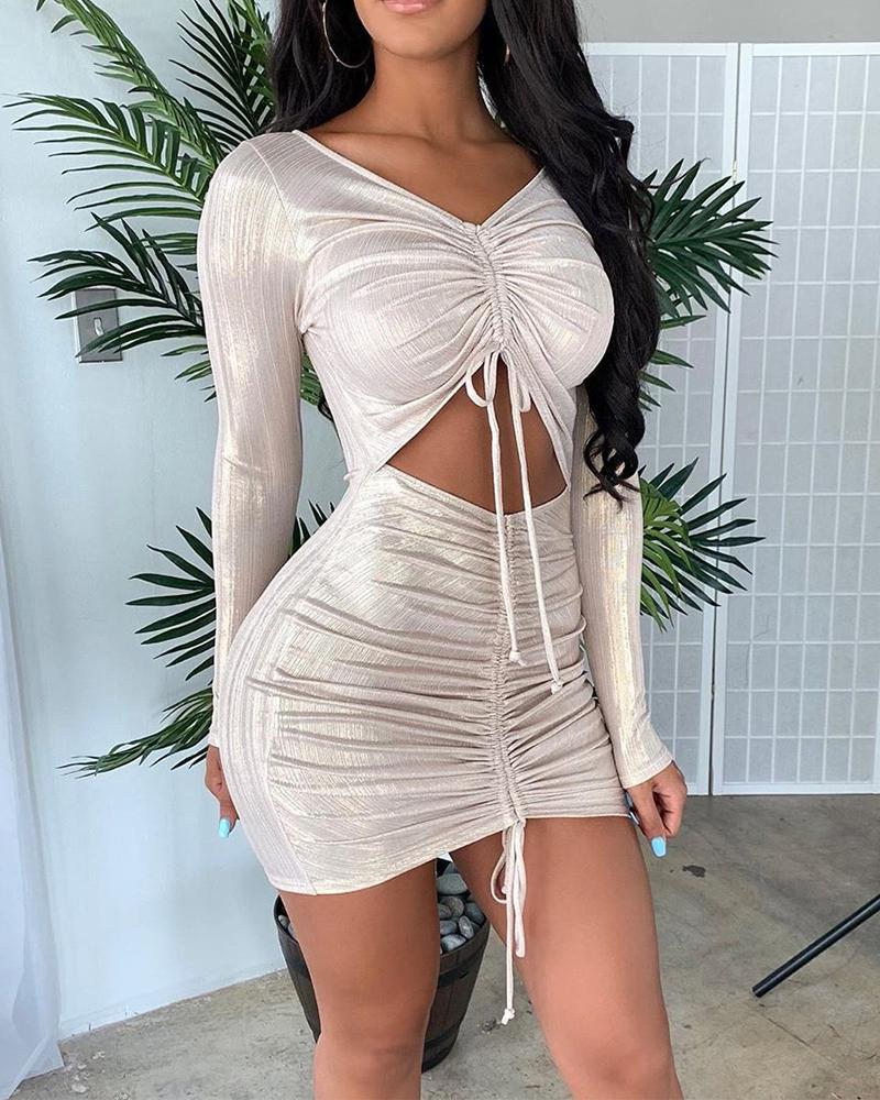 

Long Sleeve Cut Out Drawstring Dress, Gold