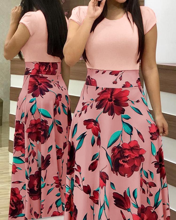 

Short Sleeve Floral Print Maxi Dress, Pink