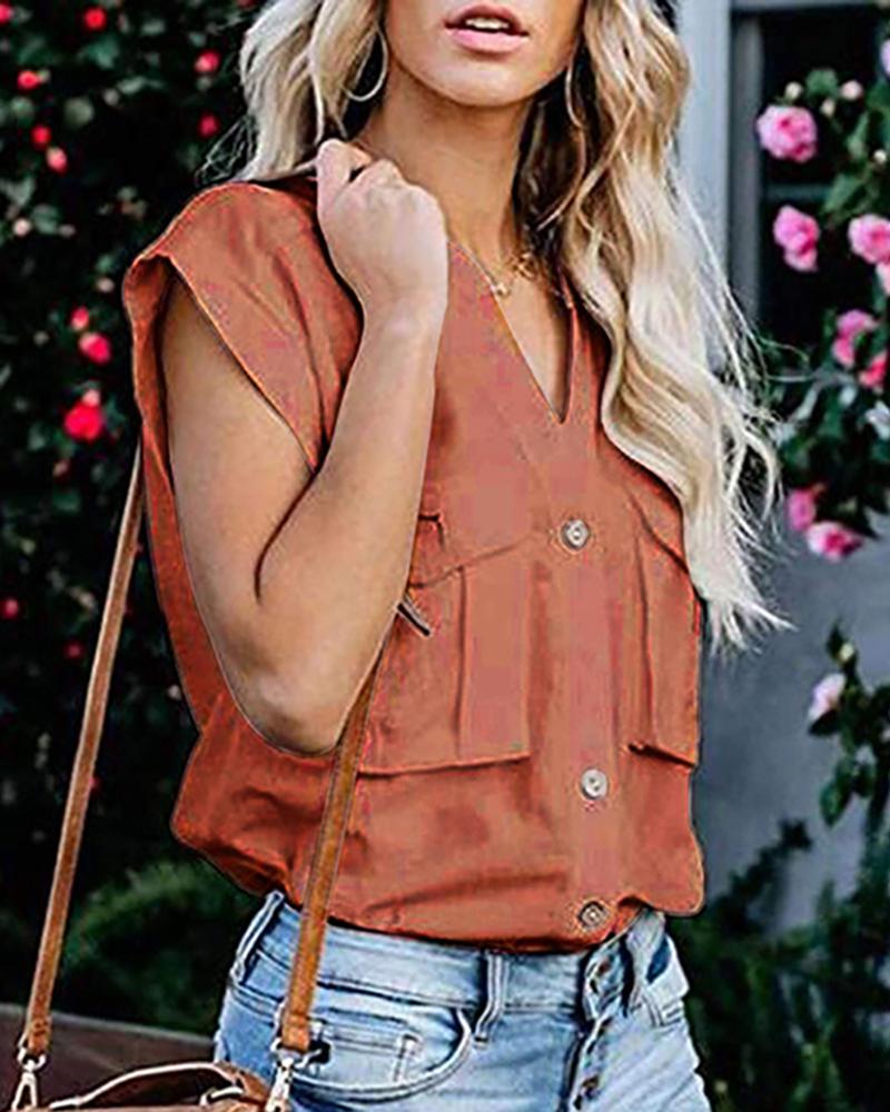 

Solid Buttoned Pocket Casual Blouse, Coffee